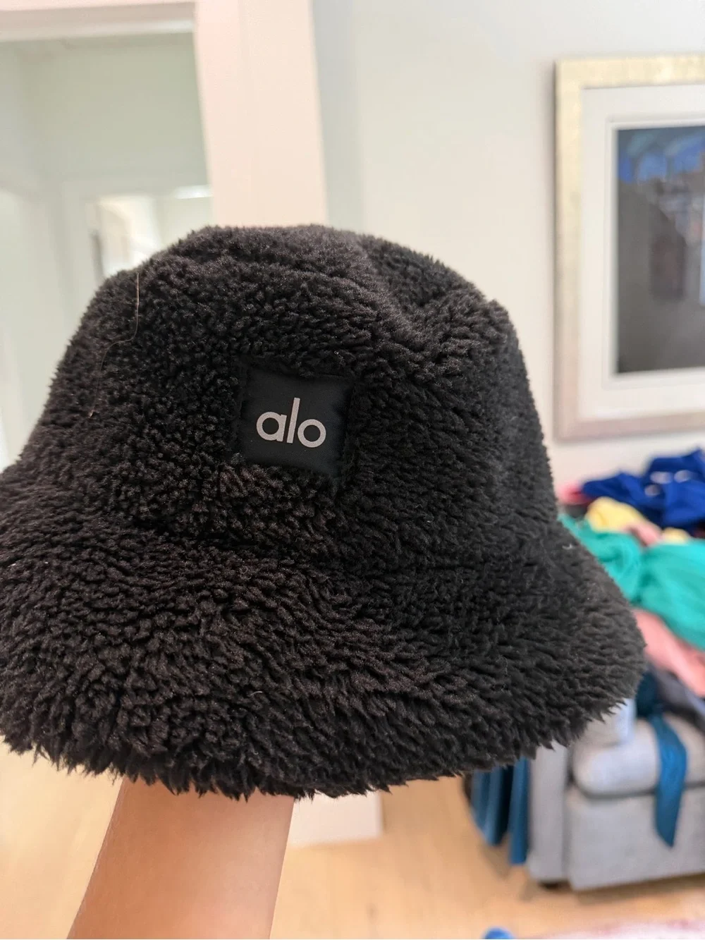 ALO Yoga Kids Black Sherpa Bucket Hat with Logo Patch